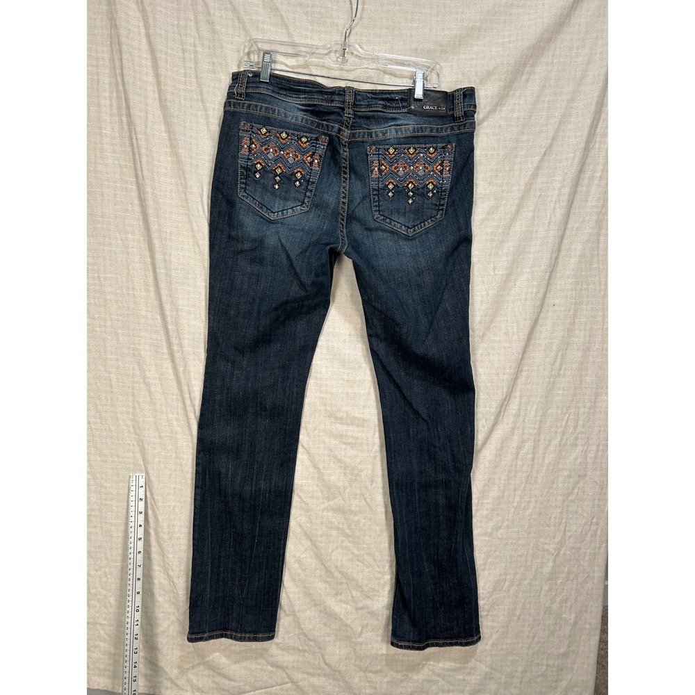 Grace in LA Women Size 33 Dark Wash Straight Embellished Embroidered Jeans #2162 - Picture 5 of 12
